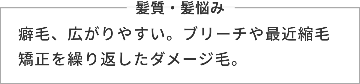 髪質・髪悩み 癖毛、広がりやすい。ブリーチや最近縮毛矯正を繰り返したダメージ毛。