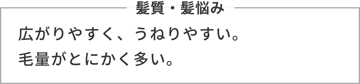 髪質・髪悩み 広がりやすく、うねりやすい。毛量がとにかく多い。